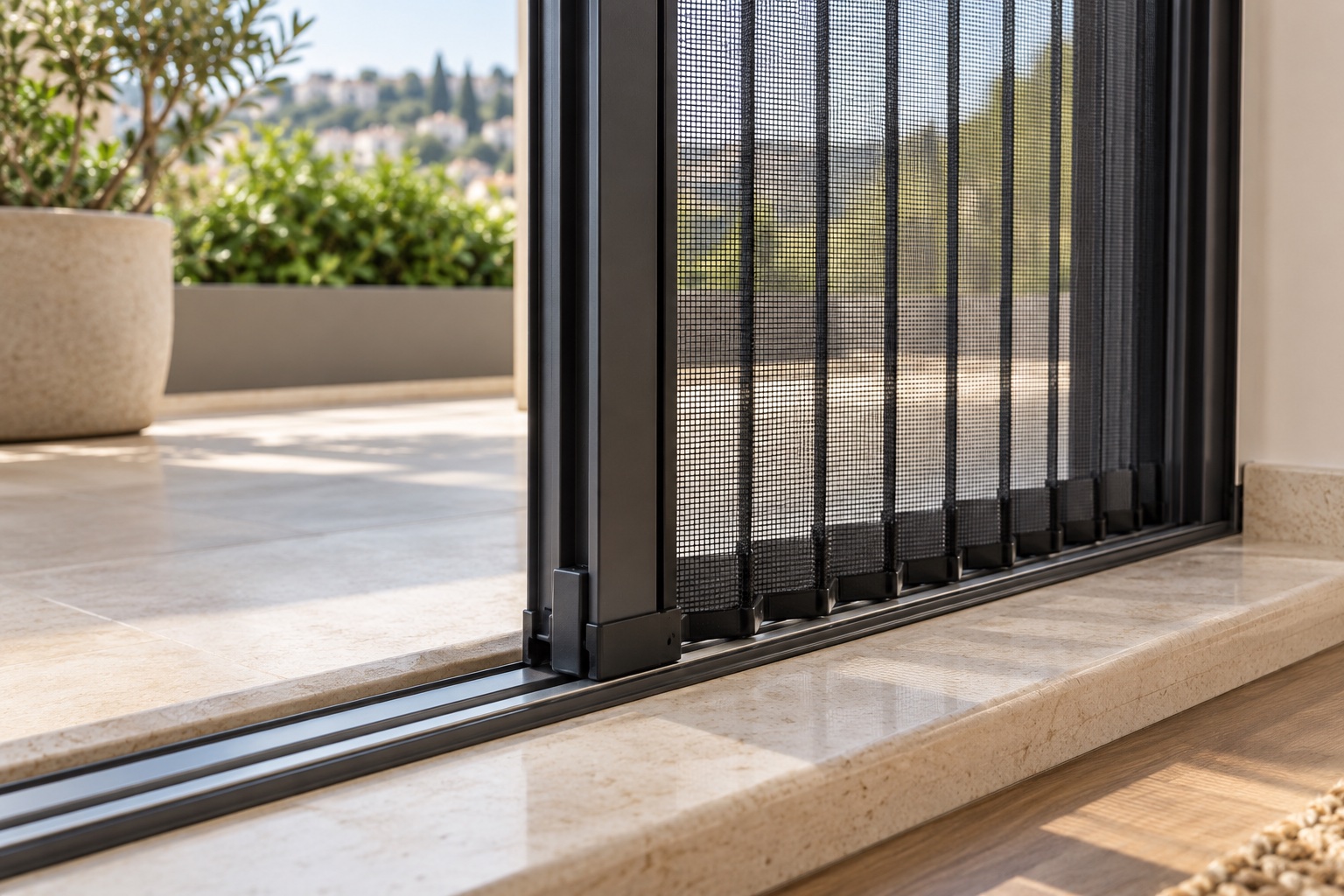 Sürme Cam Balkon İçin Özel Raylı Sineklik - Sürme cam balkonun açık bırakılan herhangi bir kanadının önüne sineklik modülünün kaydırılarak yerleştirilebilmesi.